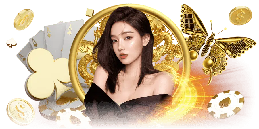 vvip69 คาสิโนออนไลน์ ภาพหญิงสาว กรอบทอง ไพ่ ชิป และเหรียญทอง สื่อถึงความหรูหราและโบนัส