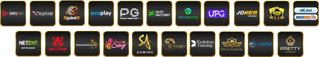 รวมโลโก้ค่ายเกมคาสิโนชั้นนำของ vvip69 เช่น PG SLOT, JOKER, SA Gaming, Evolution, Microgaming และค่ายดังอื่น ๆ